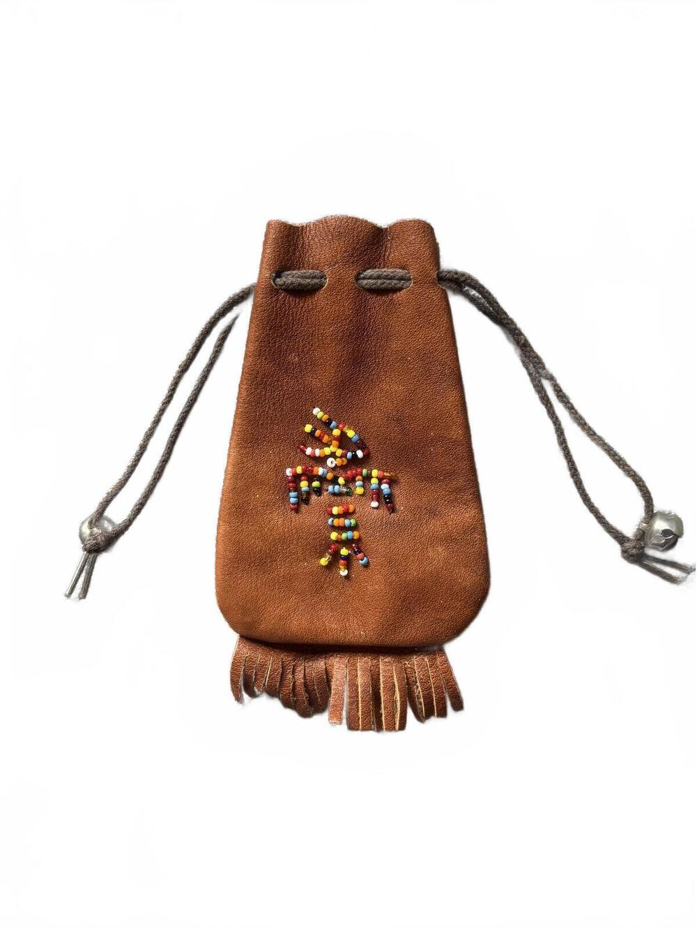 Handmade Brown Leather Drawstring Pouch with Native American Beaded Design